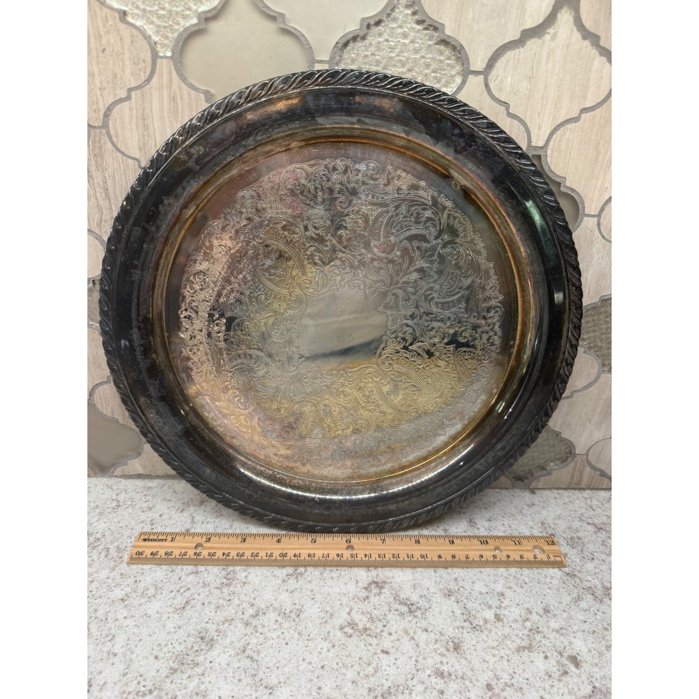 Oneida USA Silver Plated Round Serving Tray Etched Floral Rope Edge 12.25 Inch